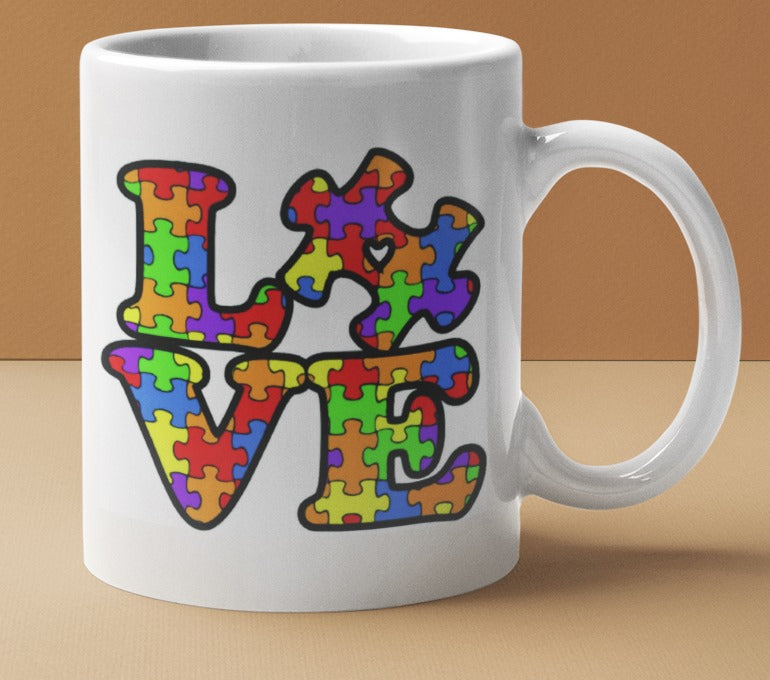 Love Autism Awareness Puzzle Piece Mug | 11 oz. Coffee Cup | CM1019