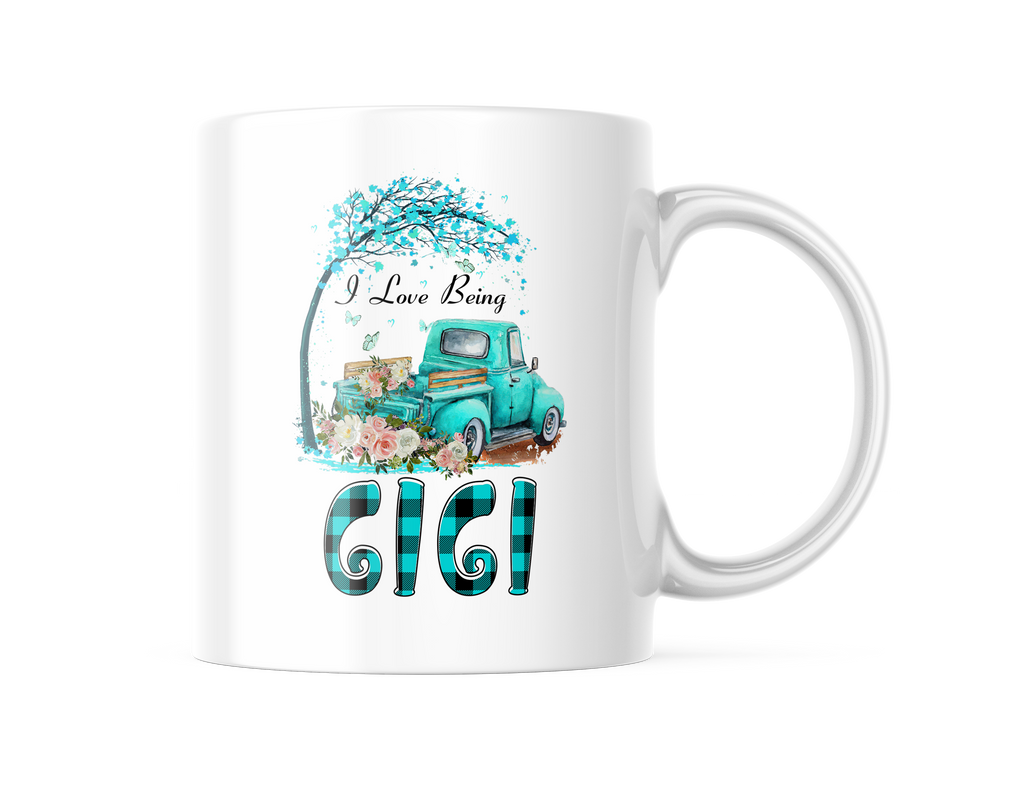 I Love Being A Gigi Mug Mother's Day Coffee Cup, Mug, Funny Gifts, Love GiGi, Teal Plaid Truck, Woman, Friend, Birthday, Awesome Christmas Gift 11oz CM1083