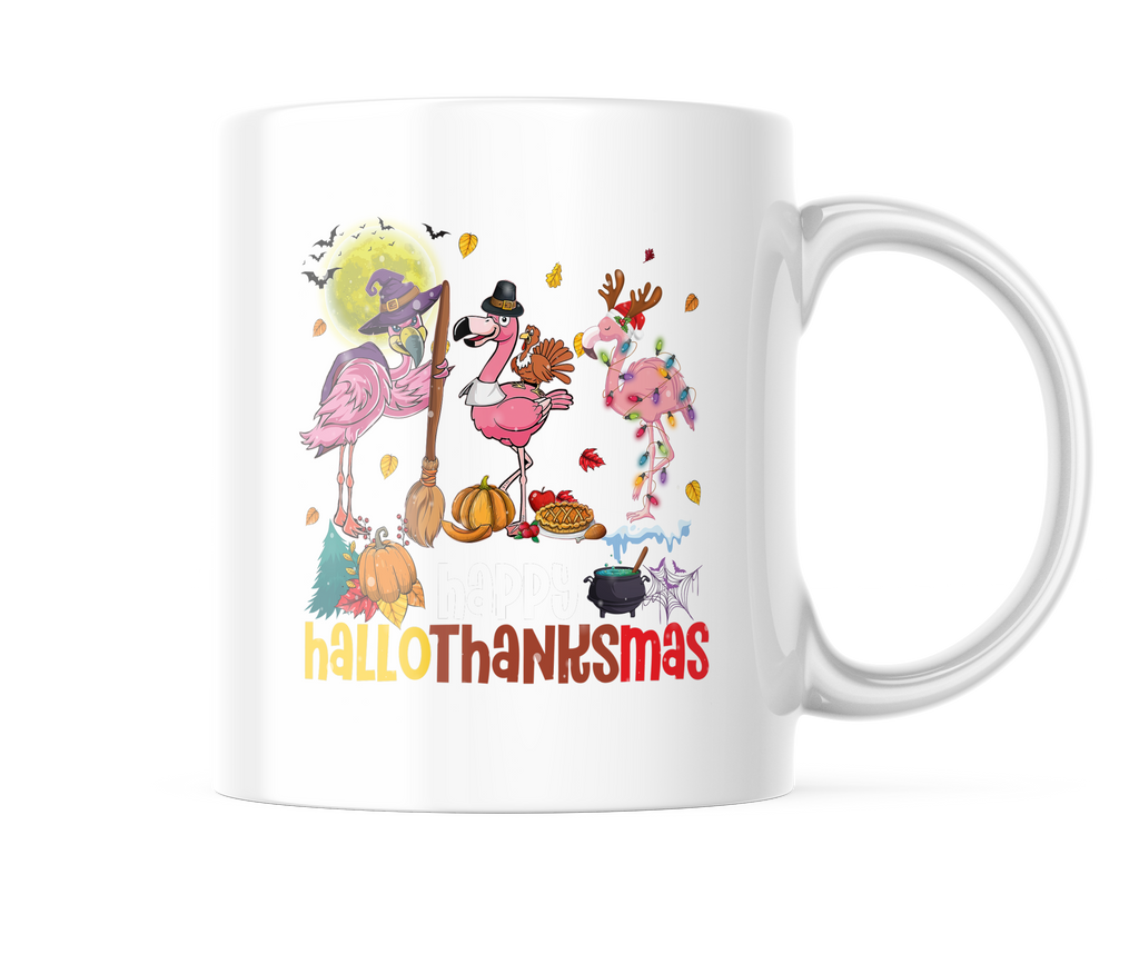 Happy Hallothanksmas Ceramic Coffee Mug, Tea Cup, Merry Christmas, Happy Halloween, Happy Thanksgiving, Flamingo, Pumpkin, Pie, Lights, 11oz CM1088